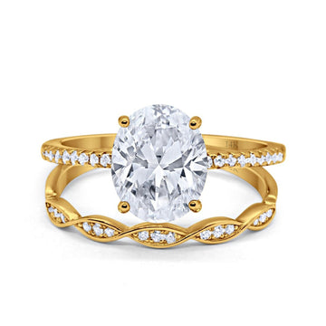 14K Yellow Gold Two Piece Oval Wedding Ring Bridal Set Band Engagement Simulated CZ Size-7